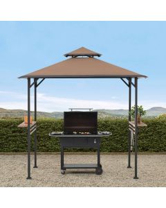 Sunjoy Outdoor Patio 5x8 Khaki 2-Tier Steel Backyard Soft Top Grill Gazebo with Bar Shelves and Hooks