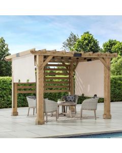 Sunjoy Outdoor Patio 10x11 Modern Wooden Frame Privacy Screen Hot Tub Pergola Kit with Tan Adjustable Canopy