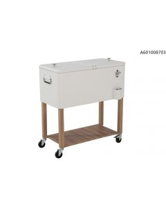 80qt White cooler with Light Brown Woodgrain Frame