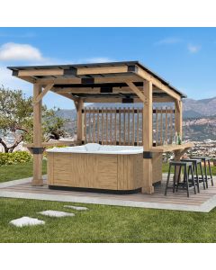 SummerCove 10 ft. x 11 ft. Cedar Wood Frame Hot Tub Gazebo with Steel Hardtop Roof and Bar Shelf, Matte Black