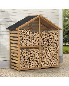 YardCove Highwood Outdoor Wooden Storage Shed, Firewood Storage Rack with Waterproof Asphalt Roof and 2-Tier Shelves