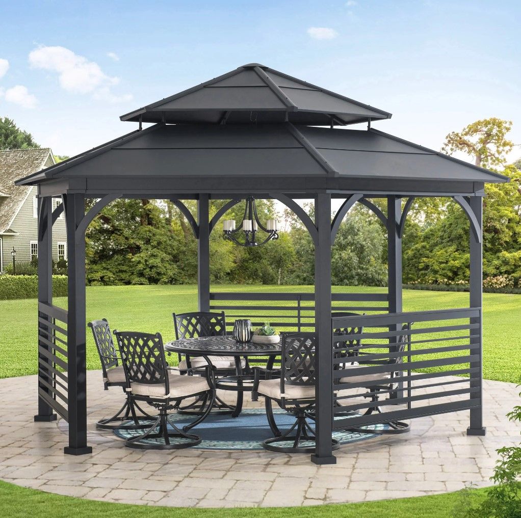 Sunjoy 13x15 ft. Outdoor Hardtop Gazebo, Hexagon Double Tiered Metal Gazebo  with Decorative Fence, Dual Rails, and Ceiling Hook for Patio, Garden, ...