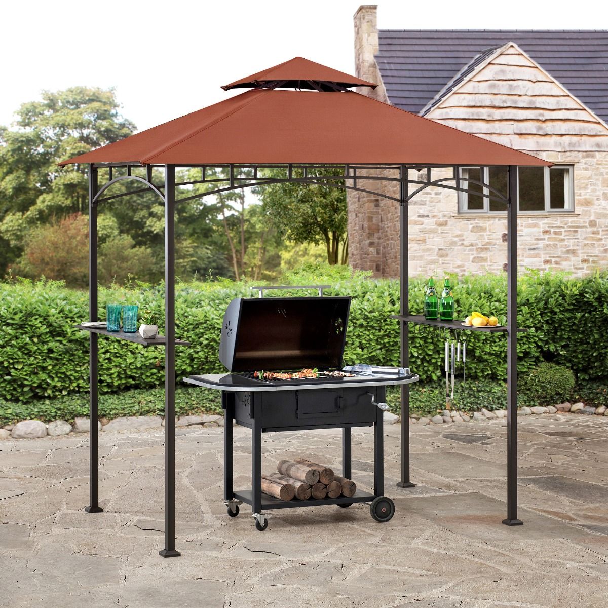 Sunjoy 5 ft. x 8 ft. Black Steel 2tier Grill Gazebo with Red Canopy