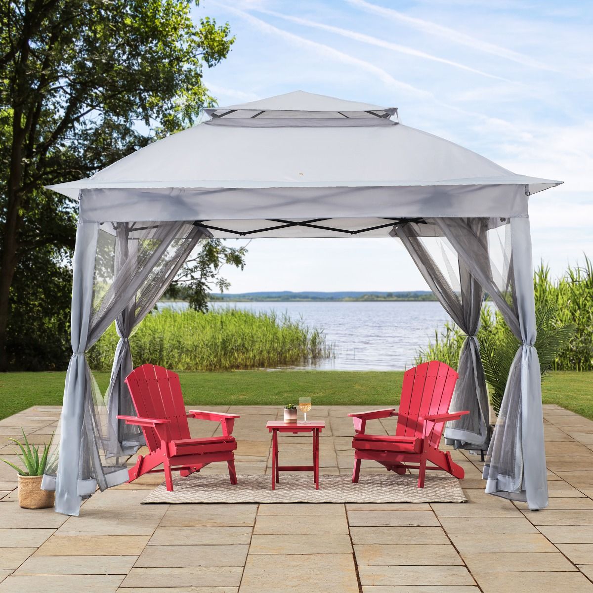 Sunjoy 11 ft. x 11 ft. Gray Pop Up Portable Steel Gazebo with Netting