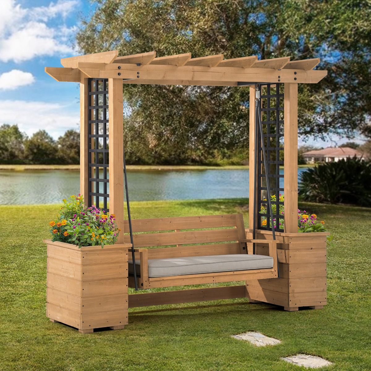 SummerCove Cedar Wood Pergola Arbor 3-Seat Swing Chair with Planters and  Bench Cushion