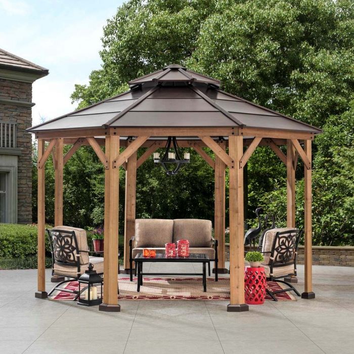 Sunjoy Outdoor Patio 13x13 Octagon Brown 2 Tier Wooden Frame Backyard Hardtop Gazebo with Ceiling Hook