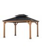 Sunjoy Wooden Gazebo 11' x 13' Outdoor Gazebo Patio Steel Hardtop Gazebo with Cedar Frame and Ceiling Hook Wood Gazebo with 2-tier Metal Roof, Suitable for Patios, Lawn, and Backyard, Black