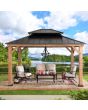 Sunjoy Outdoor Patio 11x13 Black 2-Tier Wooden Frame Backyard Hardtop Gazebo with Ceiling Hook