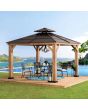 Sunjoy Outdoor Patio 11x11 Brown 2-Tier Wooden Frame Backyard Hardtop Gazebo with Ceiling Hook