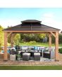 Sunjoy Outdoor Patio 11x13 Brown 2-Tier Wooden Frame Backyard Hardtop Gazebo with Ceiling Hook