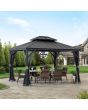 Sunjoy 10x12 Hardtop Gazebo, Outdoor Patio Aluminum Frame Gazebo with Solar Panel, 2-Tier Steel Hardtop Backyard Gazebo with Netting and Ceiling Hook