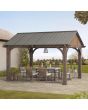 Sunjoy Outdoor Patio 12x14 Brown Wooden Frame Gable Roof Backyard Hardtop Gazebo / Pavilion with Ceiling Hook